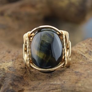 14 k Gold Filled Hawk's Eye or Blue Tiger's Eye Cabochon Wire Wrapped Ring | Natural genuine Gemstone rings, simple unique handcrafted gemstone rings. #rings #jewelry #shopping #gift #handmade #fashion #style #affiliate #ad