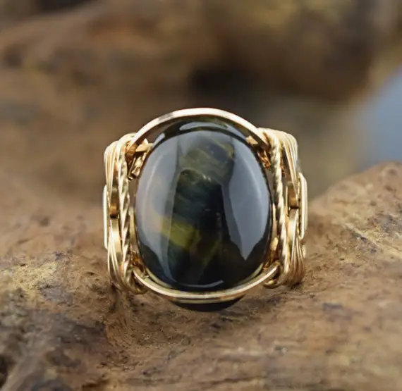 14 K Gold Filled Hawk's Eye Or Blue Tiger's Eye Cabochon Wire Wrapped Ring