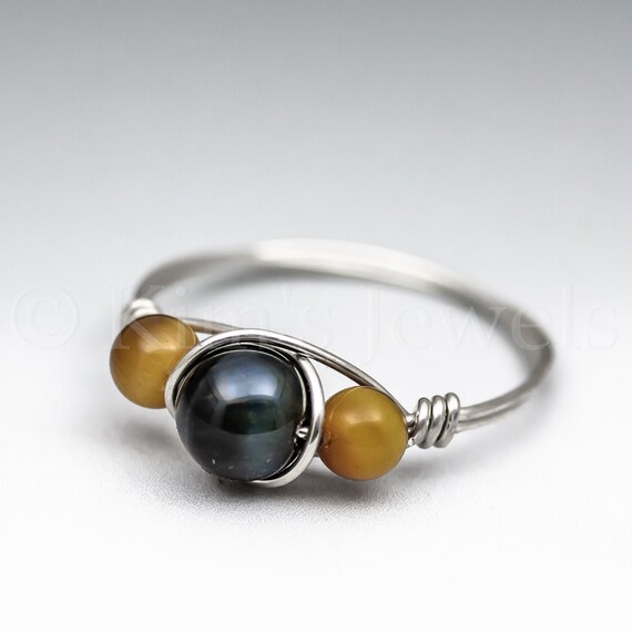 Blue & Golden Tigers Eye Sterling Silver Wire Wrapped Gemstone Bead Ring - Made To Order, Ships Fast!