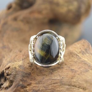 Handcrafted Sterling Silver Blue Tiger's Eye or Hawk Eye Wire Wrapped Ring | Natural genuine Gemstone rings, simple unique handcrafted gemstone rings. #rings #jewelry #shopping #gift #handmade #fashion #style #affiliate #ad