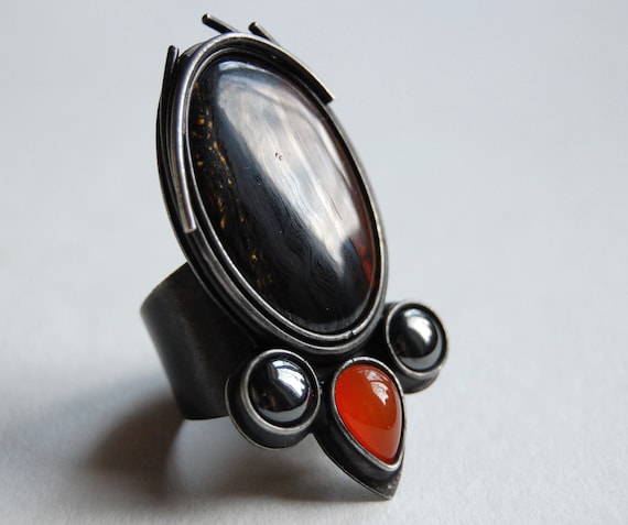 Tiger Iron Hematite Carnelian Noir Ring. Ukraine Jewelry. Boho Style Ring. Statement Multistone Ring. Tiffany Technique