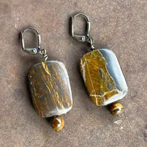 Shop Tiger Iron Jewelry! Tiger Iron Jasper rectangle earrings with Tiger Eye beads and brass lever backs | Natural genuine Tiger Iron jewelry. Buy crystal jewelry, handmade handcrafted artisan jewelry for women.  Unique handmade gift ideas. #jewelry #beadedjewelry #beadedjewelry #gift #shopping #handmadejewelry #fashion #style #product #jewelry #affiliate #ad