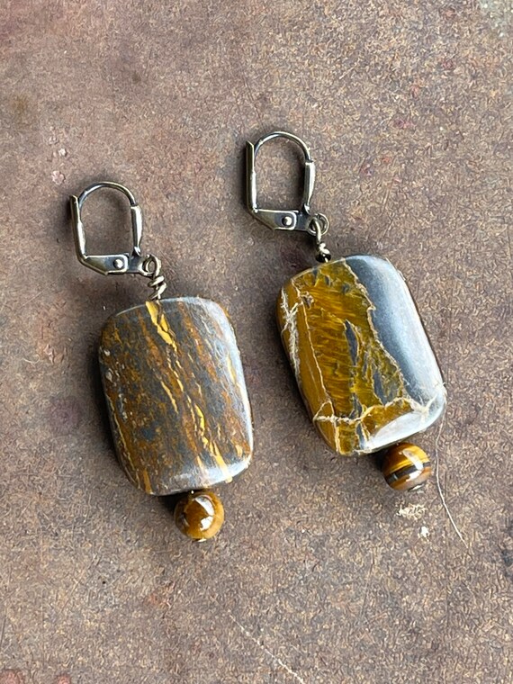 Tiger Iron Jasper Rectangle Earrings With Tiger Eye Beads And Brass Lever Backs