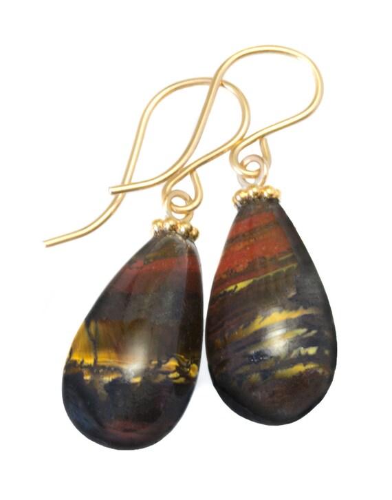 Tiger's Iron Eye Earrings Red Jasper Smooth Fat Simple Teardrop Dangle Sterling Silver Or 14k Solid Gold Or Filled Real Natural Simple Drops
