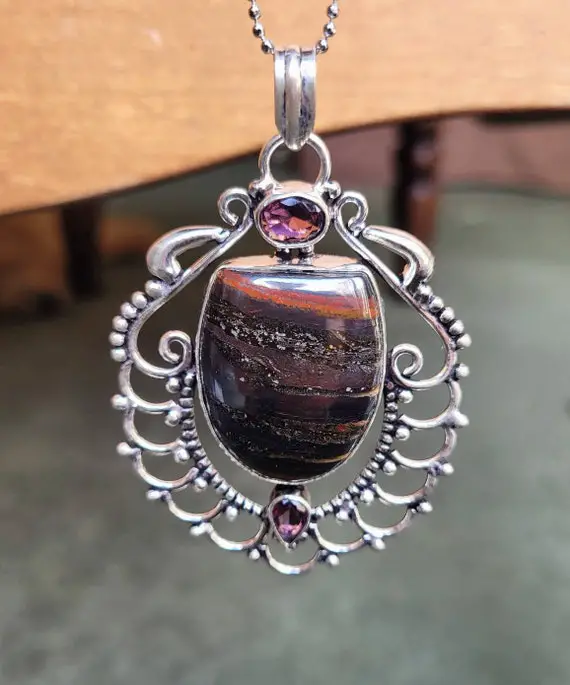 Tigers Iron Necklace With Amethyst In 925 Silver Pendant Crystal Healing Natural Stone