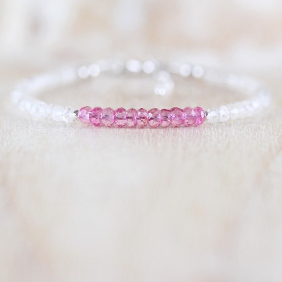 Pink & White Topaz Bracelet In Sterling Silver, Gold Or Rose Gold Filled, Dainty Semi Precious Gemstone Beaded Stacking Bracelet For Women
