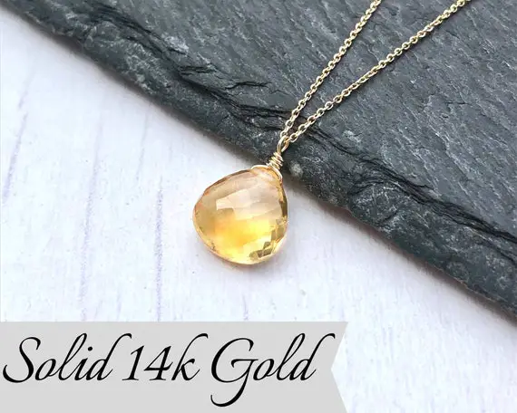 Yellow Topaz Necklace, November Birthstone, Yellow Topaz Teardrop Pendant, Solid 14k Gold, Real Gold Jewelry, Minimal Layering, Gift For Her