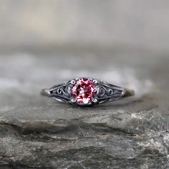 Pink Topaz Ring - October Birthstone Ring - Antique Style Topaz Ring - Dark Sterling Silver - Pink Gemstone Rings - Filigree Ring