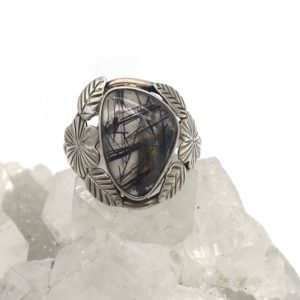 Shop Tourmalinated Quartz Rings! Black Tourmalinated Quartz  Ring, Size 8 1/2 | Natural genuine Tourmalinated Quartz rings, simple unique handcrafted gemstone rings. #rings #jewelry #shopping #gift #handmade #fashion #style #affiliate #ad