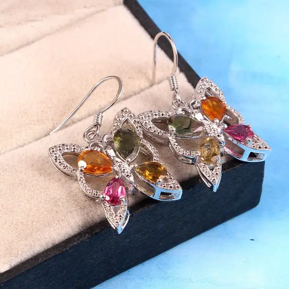 Tourmaline Earrings, Butterfly Dangle Earrings, Art Deco Earrings, Statement Earrings, Long Cluster Earrings, 925 Sterling Silver, Gift Her