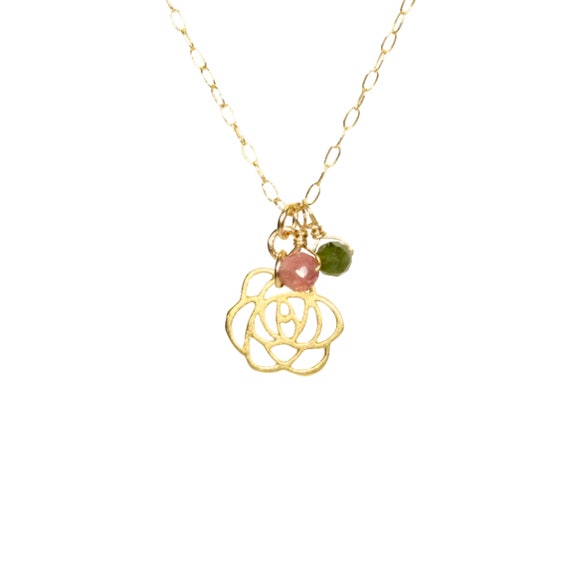 Rose Necklace, Flower Necklace, Tourmaline Necklace, Flower And Petals, Gold Flower Pendant, Dainty Gold Necklace, Healing Crystal Necklace