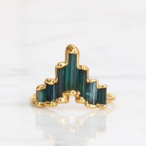 Gold Art Deco Blue Tourmaline Ring for Women • Statement Raw Gemstone Ring • Witchy Fall Jewelry • Indicolite Tourmaline Jewelry • Handmade | Natural genuine Gemstone rings, simple unique handcrafted gemstone rings. #rings #jewelry #shopping #gift #handmade #fashion #style #affiliate #ad