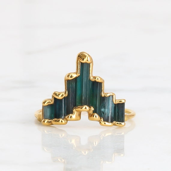 Gold Art Deco Blue Tourmaline Ring For Women • Statement Raw Gemstone Ring • Witchy Fall Jewelry • Indicolite Tourmaline Jewelry • Handmade