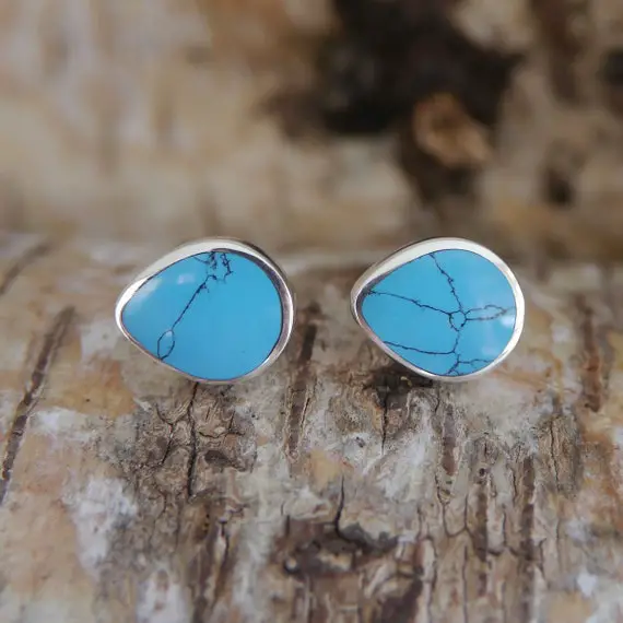 Turquoise Peardrop Stud Earrings - Sterling Silver - Handmade