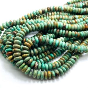 Shop Turquoise Rondelle Beads! Natural Genuine Turquoise, Arizona Kingman Turquoise Polished Smooth Rondelle 4mm x 8mm, 4mm x 10mm Gemstone Beads – PGS365 – 16" Strand | Natural genuine rondelle Turquoise beads for beading and jewelry making.  #jewelry #beads #beadedjewelry #diyjewelry #jewelrymaking #beadstore #beading #affiliate #ad