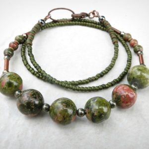 Shop Unakite Necklaces! Green Unakite Necklace, moss green and peach stone bead jewelry with copper accents, modern Boho jewelry | Natural genuine Unakite necklaces. Buy crystal jewelry, handmade handcrafted artisan jewelry for women.  Unique handmade gift ideas. #jewelry #beadednecklaces #beadedjewelry #gift #shopping #handmadejewelry #fashion #style #product #necklaces #affiliate #ad