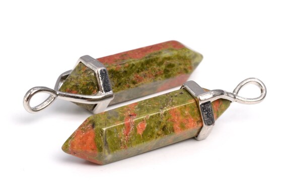 2 Pcs - 40x8mm Lotus Pond Unakite Beads Hexagonal Pointed Pendant Natural Grade Aaa Silver Plated Cap (102501)