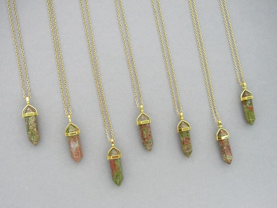 Unakite Necklace Natural Unakite Pendant Healing Crystal Necklace For Women Green Pink Gemstone Gold Necklace Unakite Crystal Point Pendant