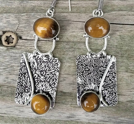 Unique Tiger Iron Tiger Eye Earrings Tiger Energy Goddess Bali Sterling Silver Crystal Handmade Oak Healing Reiki Wicca Metaphysical Meaning
