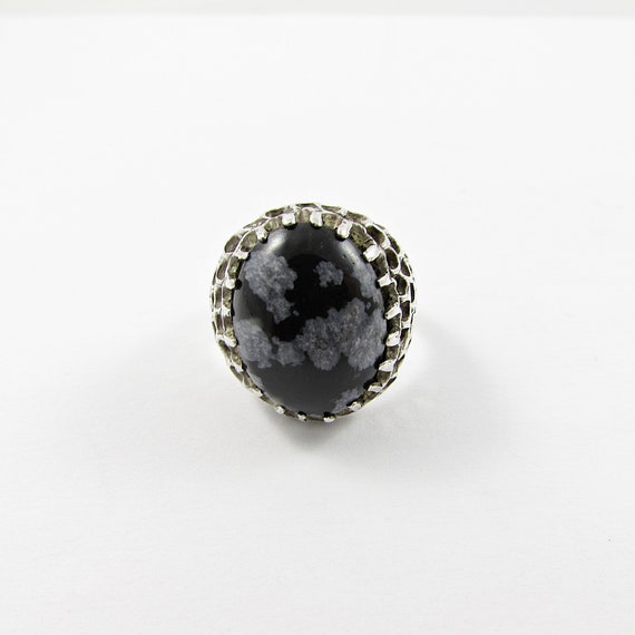 Vintage Sterling Snowflake Obsidian Ring, Us Size 5.75 Ring, 925 Silver, Black Stone Ring
