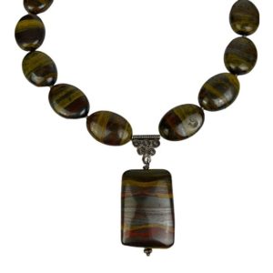 Shop Tiger Iron Necklaces! VTG Sterling Silver Tiger Iron Stone Focal Pendant Beaded Necklace Oval Rectangle Tiger's Eye Red Jasper Hematite Mugglestone 16.5-19" | Natural genuine Tiger Iron necklaces. Buy crystal jewelry, handmade handcrafted artisan jewelry for women.  Unique handmade gift ideas. #jewelry #beadednecklaces #beadedjewelry #gift #shopping #handmadejewelry #fashion #style #product #necklaces #affiliate #ad