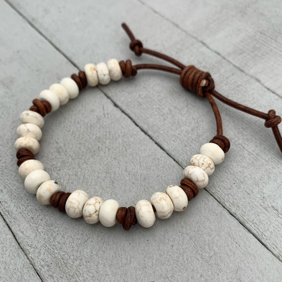 White Magnesite Gemstone And Rustic Brown Leather Stacking Crystal Bracelet