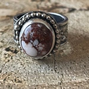 Shop Magnesite Rings! Wild Horse Magnesite Ring with thick patterned  Band | Natural genuine Magnesite rings, simple unique handcrafted gemstone rings. #rings #jewelry #shopping #gift #handmade #fashion #style #affiliate #ad