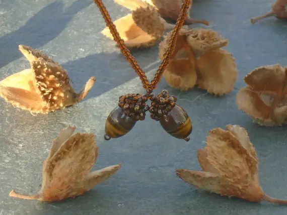 Winter Acorns Gemstone Pendant Necklace, Tiger Iron Gemstone And Czech Seed Bead Necklace, Uk Seller