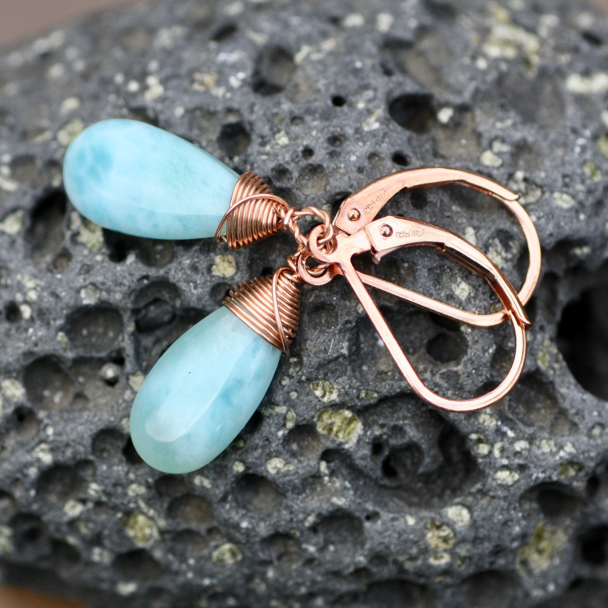 Wire Wrapped Natural Larimar Earrings In 14k Rose Gold Filled