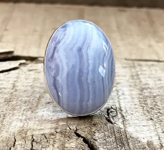 Large Oval Lilac Lace Agate Sterling Silver Statement Ring | Blue Lace Agate Ring | Purple Gemstone Ring | Boho | Rocker