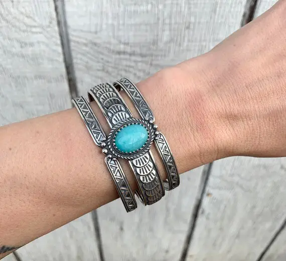 Egyptian Style Sterling Silver Cuff Bracelet With Bright Blue Luminescent Amazonite | Statement Bracelet | Ancient Jewelry | Boho Cuff