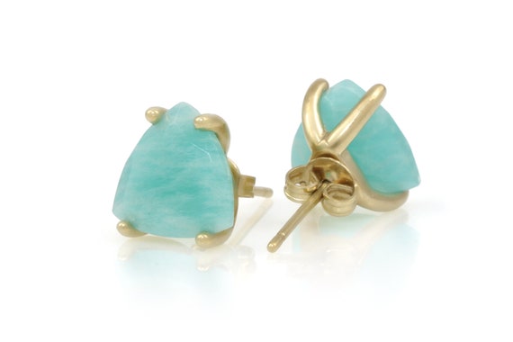 Triangle Cut Gemstone Earrings · 18k Gold Amazonite Earrings · Trillion Stone Earrings · Bridal Earrings 18k Gold · 24k Gold Stud Earrings