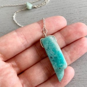 Shop Amazonite Pendants! RAW AMAZONITE NECKLACE Long Crystal Lariat Necklace Silver or Gold, Blue Stone Pendant Necklace for Women, Gift for Yogi, Layering Necklace | Natural genuine Amazonite pendants. Buy crystal jewelry, handmade handcrafted artisan jewelry for women.  Unique handmade gift ideas. #jewelry #beadedpendants #beadedjewelry #gift #shopping #handmadejewelry #fashion #style #product #pendants #affiliate #ad