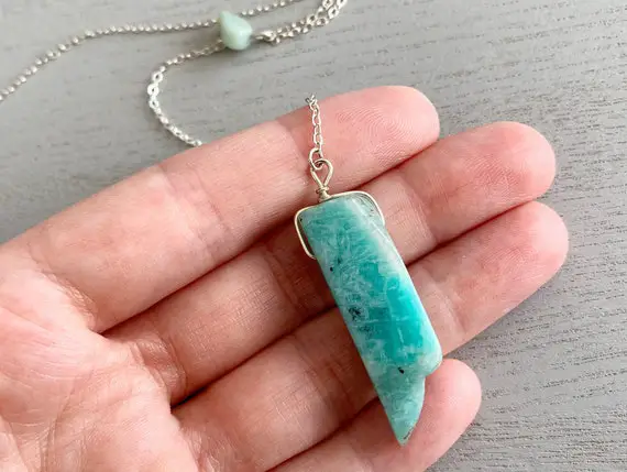 Raw Amazonite Necklace Long Crystal Lariat Necklace Silver Or Gold, Blue Stone Pendant Layering Necklace, Birthday Gift For Mom, Daughter