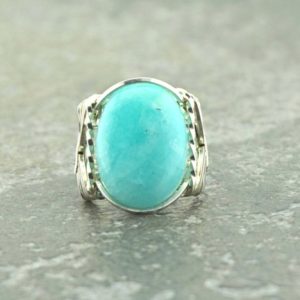Sterling Silver Peruvian Blue Amazonite Cabochon Wire Wrapped Ring | Natural genuine Gemstone rings, simple unique handcrafted gemstone rings. #rings #jewelry #shopping #gift #handmade #fashion #style #affiliate #ad