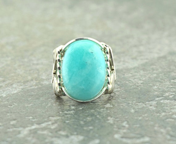 Sterling Silver Peruvian Blue Amazonite Cabochon Wire Wrapped Ring