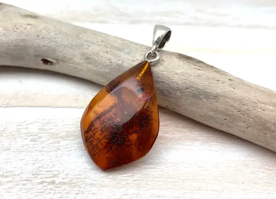 Natural Amber Pendant // Cherry Whisky Amber Pendant // Smooth Amber Pendant // Natural Amber Freeform // 925 Sterling Silver