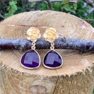Shop Amethyst Earrings! Womens Flower Gemstone Earrings, Amethyst Gold Vermeil Drop Earrings, Faceted Stone Earrings, Mothers Day Gift | Natural genuine Amethyst earrings. Buy crystal jewelry, handmade handcrafted artisan jewelry for women.  Unique handmade gift ideas. #jewelry #beadedearrings #beadedjewelry #gift #shopping #handmadejewelry #fashion #style #product #earrings #affiliate #ad