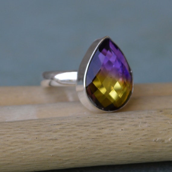 Ametrine Quartz Ring, Sterling Silver Yellow Plated, Rose Gold Plated Gold Ring, Purple Yellow Ametrine Gemstone Artisan Birthstone Ring