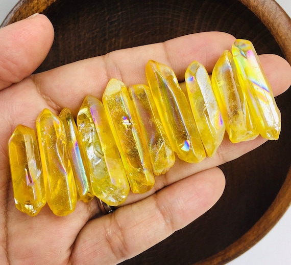 Yellow Angel Aura Quartz (1) One Gold Rainbow Aura Quartz Crystal, Angel Aura Crystal, Aura Crystal Point, Aura Quartz Point Small