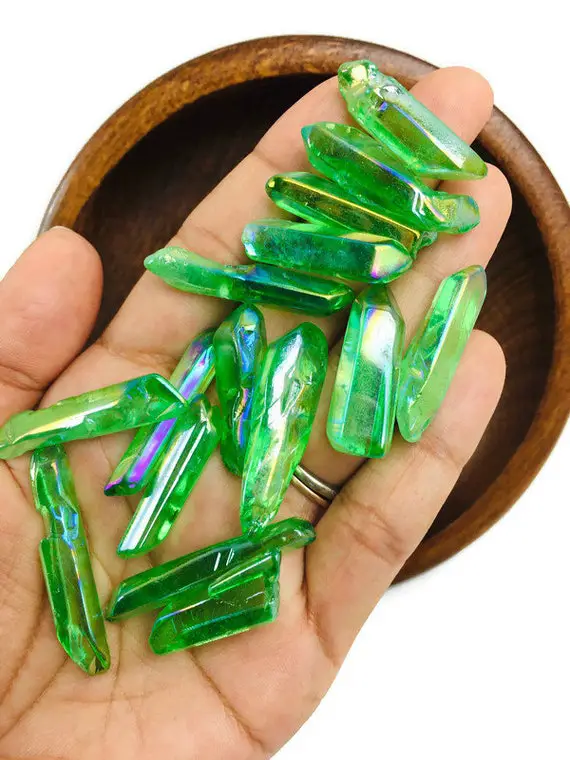 Angel Aura Quartz Crystals (50g) Green Aura Quartz Crystals, Rainbow Aura Quartz Points, Crystal Gemstone Bulk Lot, Quartz Point Crystals
