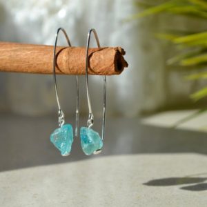 Raw Aquamarine earrings sterling silver, crystal hoop drop earrings, rough aquamarine gemstone, March birthstone jewelry, genuine aquamarine | Natural genuine Gemstone earrings. Buy crystal jewelry, handmade handcrafted artisan jewelry for women.  Unique handmade gift ideas. #jewelry #beadedearrings #beadedjewelry #gift #shopping #handmadejewelry #fashion #style #product #earrings #affiliate #ad