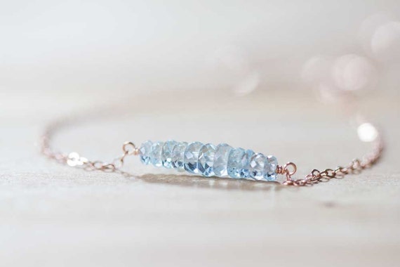 Aquamarine Bar Necklace On Rose Gold Filled, Oxidized Sterling Or Sterling Silver Chain, Delicate Aquamarine Jewelry, Blue Gemstone