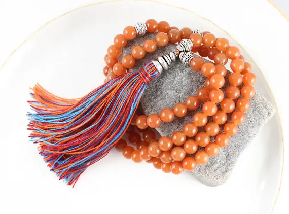 Orange Stone Mala, Tassel Necklace, Orange Aventurine Necklace, Prayer Beads, Gemstone Mala Beads, Yoga Beads, Tassel Mala
