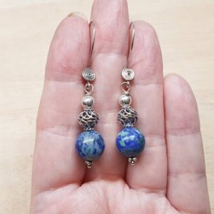 Shop Azurite Earrings! Rare green blue Azurite earrings. Bali silver beads. Reiki jewelry uk. 10mm gemstones. Sphere Dangle drop earrings for women | Natural genuine Azurite earrings. Buy crystal jewelry, handmade handcrafted artisan jewelry for women.  Unique handmade gift ideas. #jewelry #beadedearrings #beadedjewelry #gift #shopping #handmadejewelry #fashion #style #product #earrings #affiliate #ad