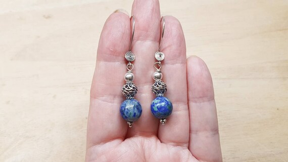 Rare Green Blue Azurite Earrings. Bali Silver Beads. Reiki Jewelry Uk. 10mm Gemstones. Sphere Dangle Drop Earrings For Women