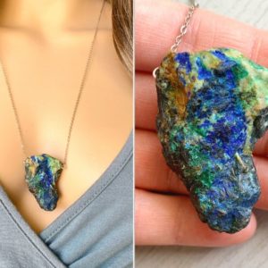 Shop Azurite Pendants! Huge Azurite Pendant Necklace, Raw Crystal Necklace, Druzy Necklace, Blue Gemstone Necklace, Azurite Malachite Necklace, Mineral Jewelry | Natural genuine Azurite pendants. Buy crystal jewelry, handmade handcrafted artisan jewelry for women.  Unique handmade gift ideas. #jewelry #beadedpendants #beadedjewelry #gift #shopping #handmadejewelry #fashion #style #product #pendants #affiliate #ad