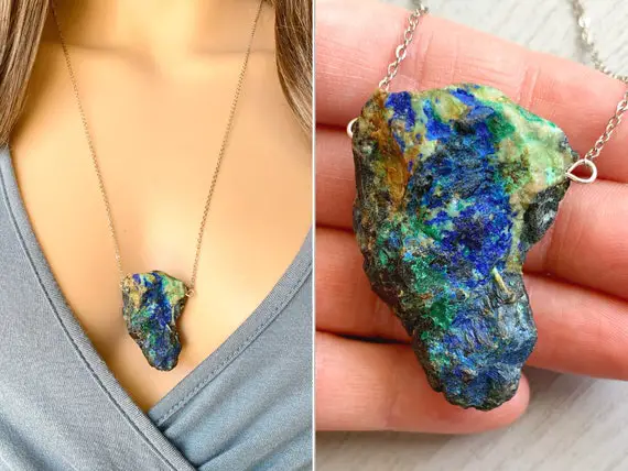 Huge Azurite Pendant Necklace, Raw Crystal Necklace, Blue Gemstone Necklace, Azurite Malachite Necklace, Mineral Jewelry, Blue Crystal Gem