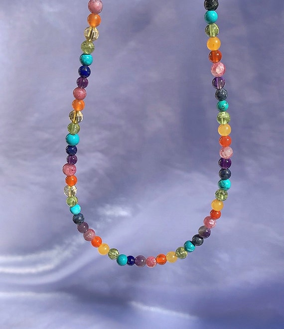 Rainbow Gemstone Bead Choker: Beaded Boho Style Healing Crystal Jewelry
