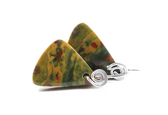 Bloodstone Nugget Earrings, Artisan Sterling Silver Spiral Earhooks, Contemporary Style, Minimalist Simple Dangle Earrings, Zen Yoga Jewelry